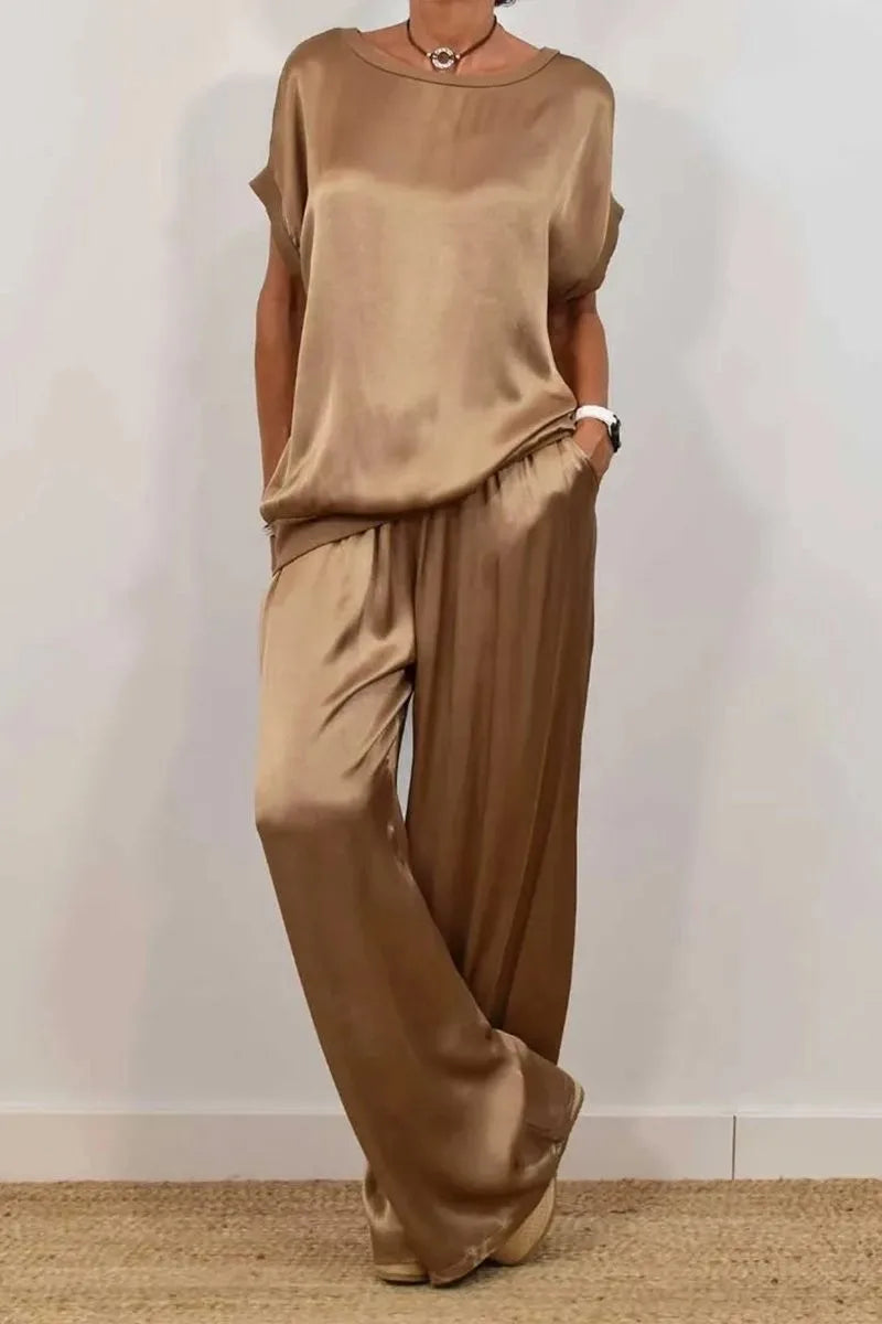 Spring Summer Fashion Solid Smooth Satin Two Piece Sets New Women's O-neck Short Sleeve Top + Wide Leg Pant Casual Loose Set