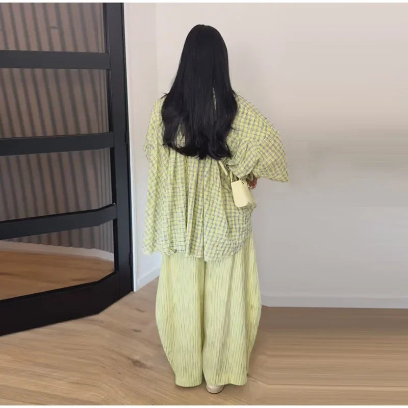 Casual Women's Plaid Blouse Pants Set Loose Lapel Single Breasted Half Sleeve Blouses Wide Leg Pant 2026 Summer Lady Suit