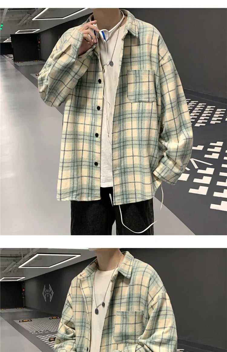 Men's Plaid Long Sleeve Shirt Loose Fit Thin Style Autumn Spring Casual Wear Sun Protection Outerwear Classic Check Pattern