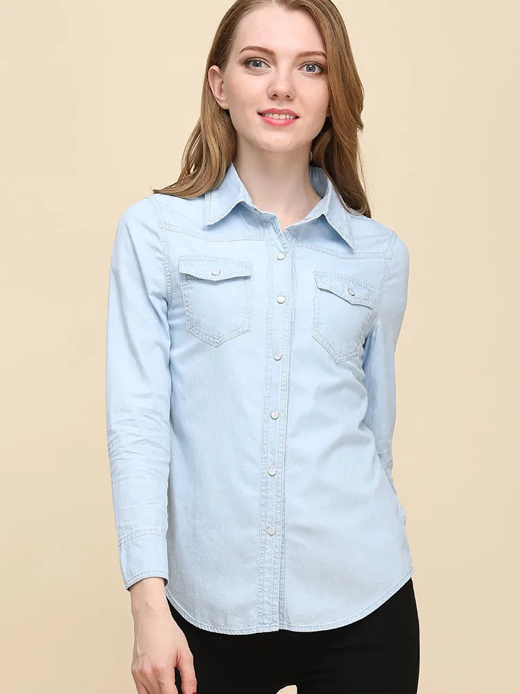 Spring 2026 New Denim Shirts And Blouse For Women Korean Style Long Sleeve Top Blue Or Sky Blue Color Jeans Elegant Blouses