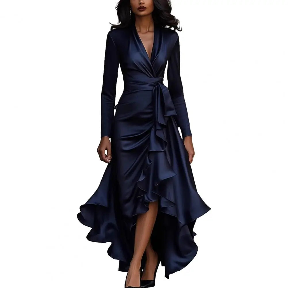 2026 Evening Dress Women Long Sleeve V Neck High Waist Slim Fit Ruffle Solid Color Elegant Fashion Party Spring Autumn Dress 80%