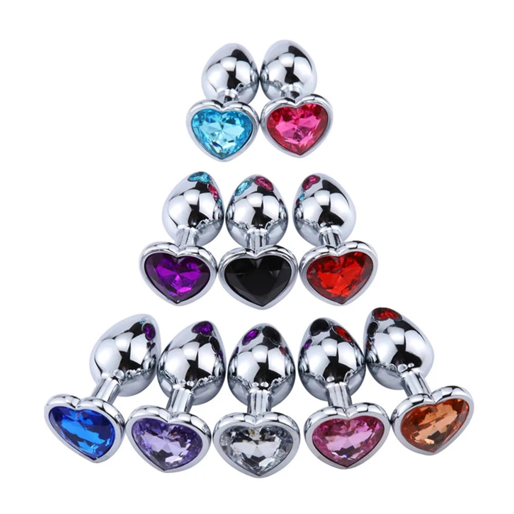 Luxury Heart Gem Metal Anal Plug Training Set Stainless Steel Butt Plug Kit for Beginners Men Women Couples Erotic Bedroom Game