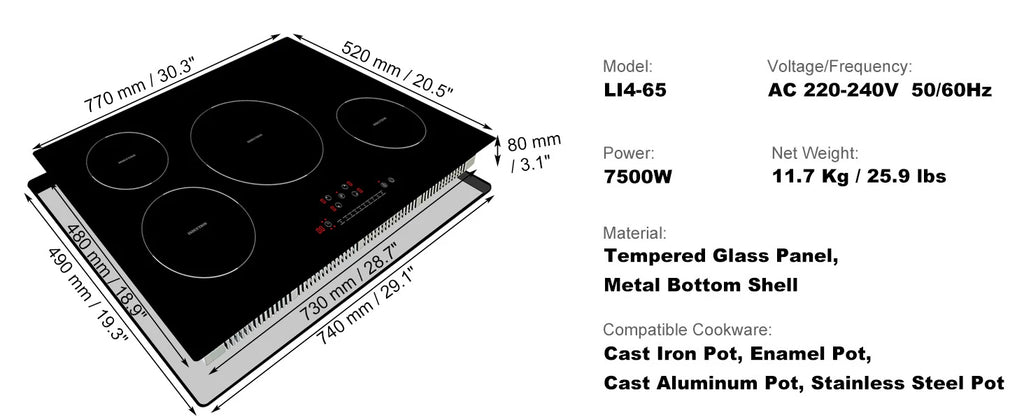 SucceBuy 4 Burners 30'' Electric Cooktop Induction Stove Top Built-in Magnetic Cooktop with 9 Heating Level Touch Screen Burner