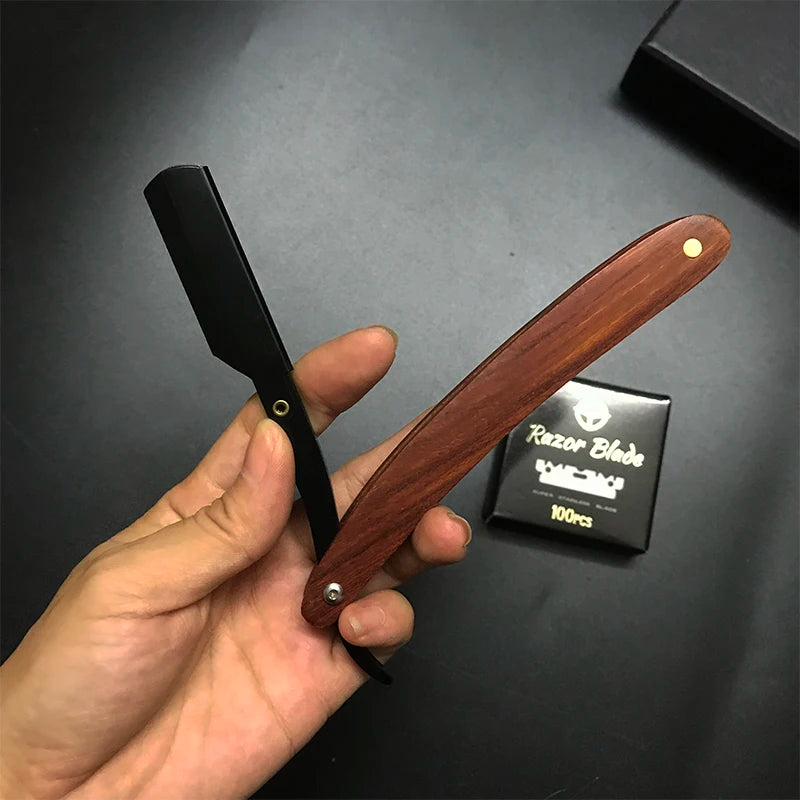 wooden trimmer manual shaver professional straight edge stainless steel sharp barber razor folding shaving blade shave beard cut