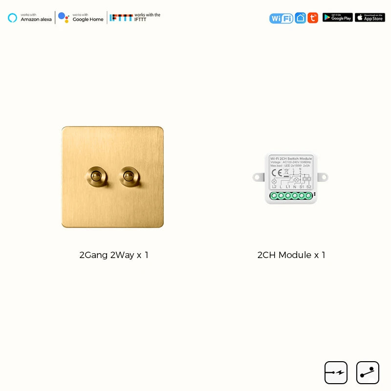 Avoir Tuya Smart Life Home Control Mini Wifi Module Wireless Gold Light Switches 1-4 Gang 2 Way Alexa Rocker Toggle Switch 220V
