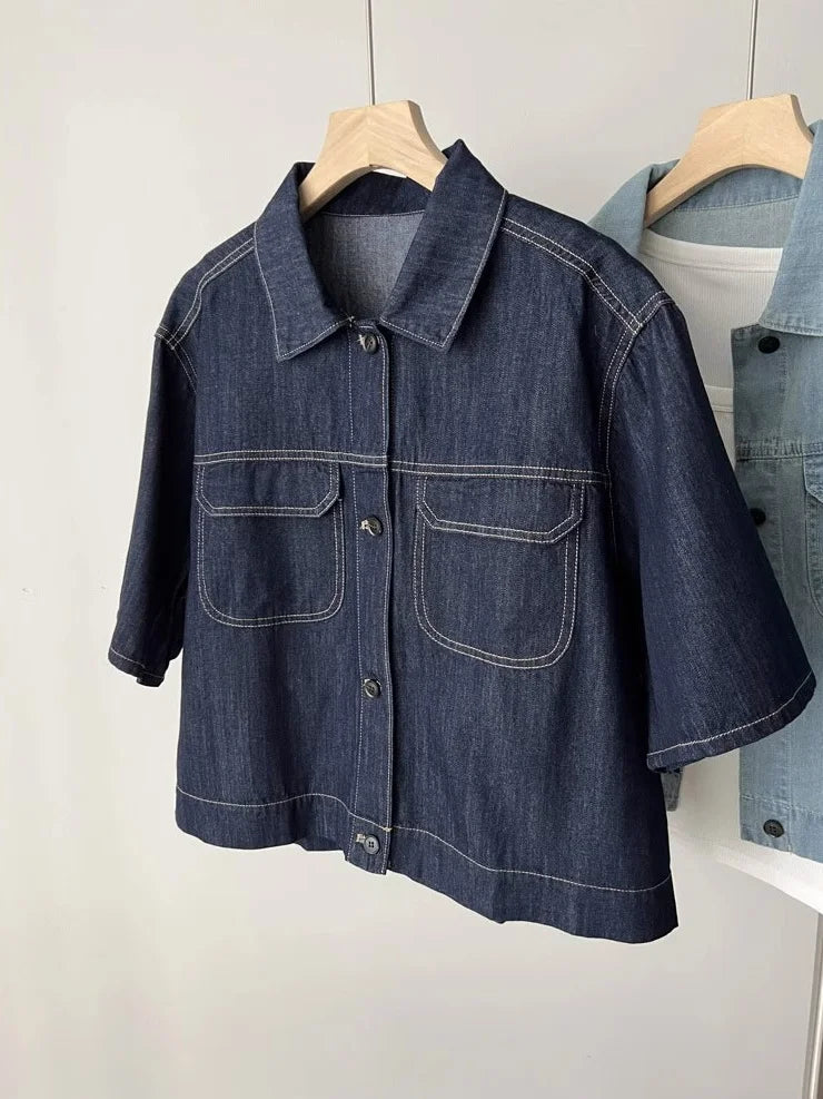 Retro Thin Casual Denim Short Sleeve Jacket Women 2025 Summer High-End Elegance Top Denim Shirt  Female