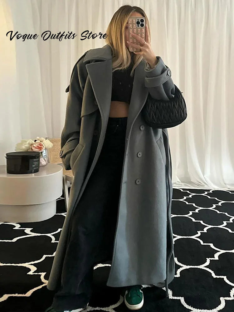 Chic Lace Up Woolen Long Trench Coat Women Gray Double Breasted Lapel Full Sleeve Pocket Coats 2026 Autumn Winter Lady Outwear