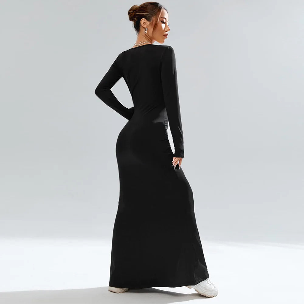 Women's Spring and Autumn Long Sleeve, Low Neck, Waist Bag, Hip Tail Long Dress, Solid Color, Slimming Dress