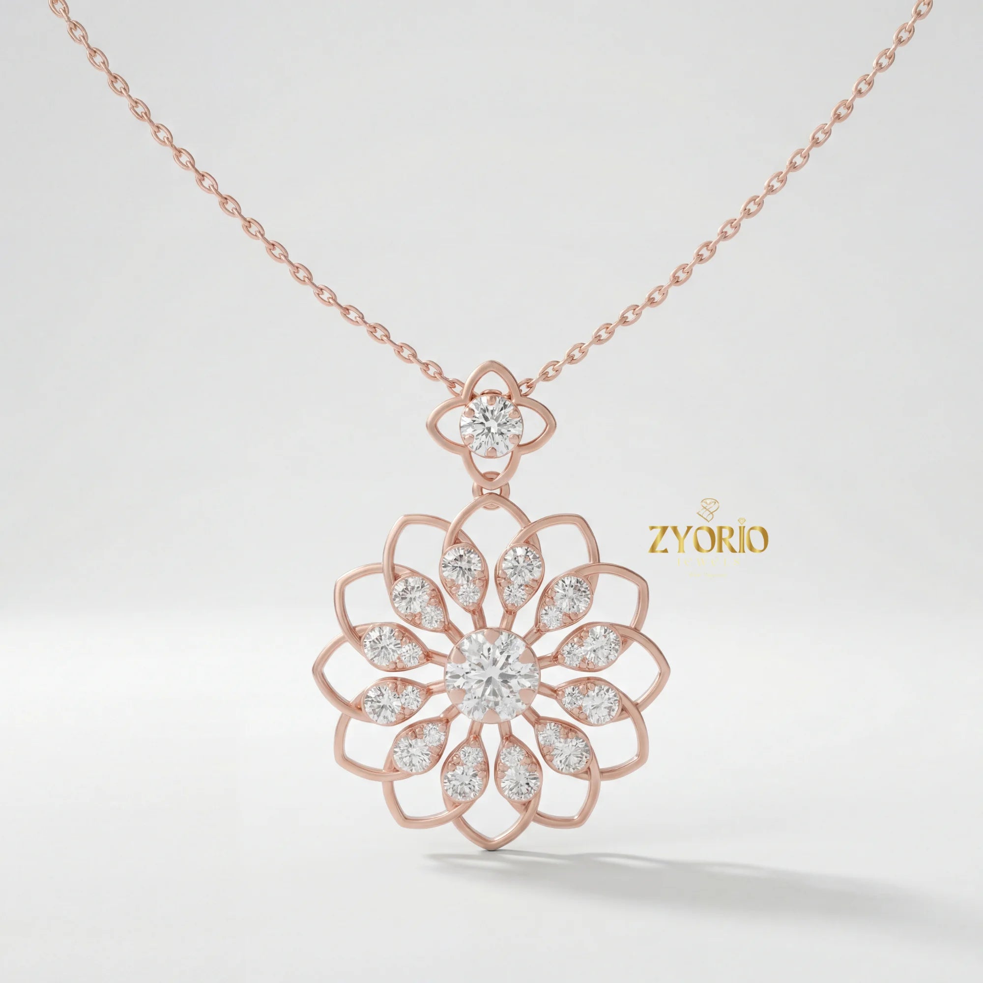 Women's Luxury Gold Floral Bloom Diamond Pendant Sterling Silver Gold Plated Chain Sparkling Wedding Jewelry