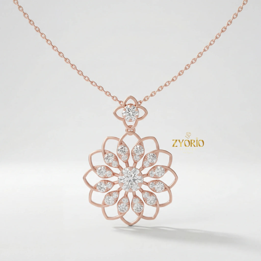 Women's Luxury Gold Floral Bloom Diamond Pendant Sterling Silver Gold Plated Chain Sparkling Wedding Jewelry