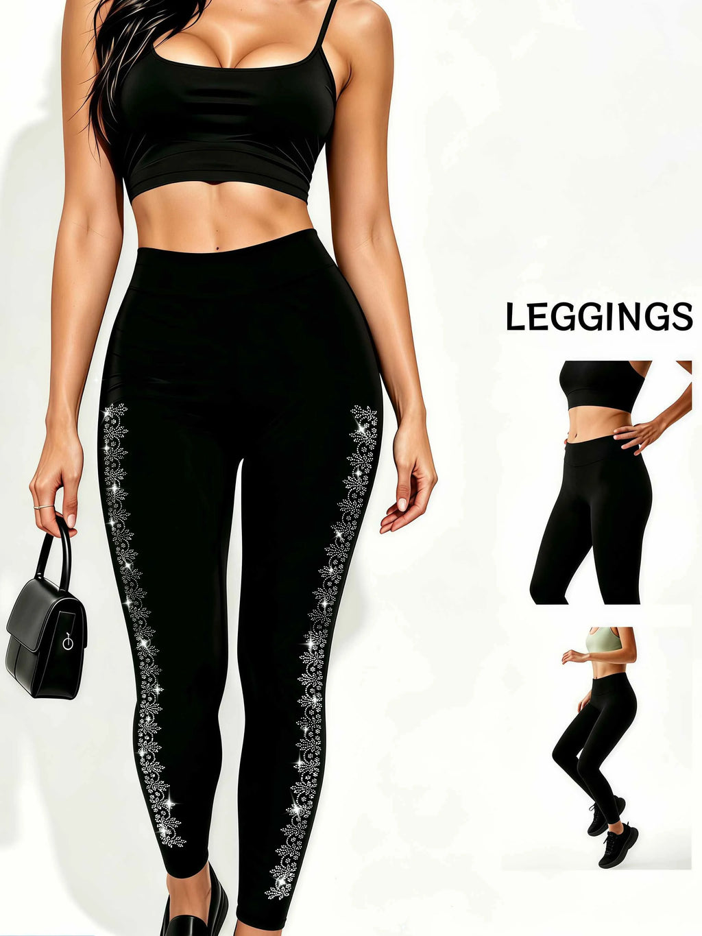 Women's Black High Waist Rhinestone Snowflake Leggings Slim Fit Stretch 9/10 Length Casual Tights