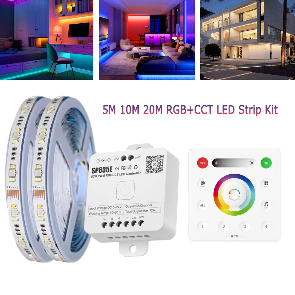 5m 10m 20m RGB+CCT LED Strip 24V 5050 Colorful+Dual White Flexible Dimmable Room Party Light Decor RF Touch Remote Control Kit