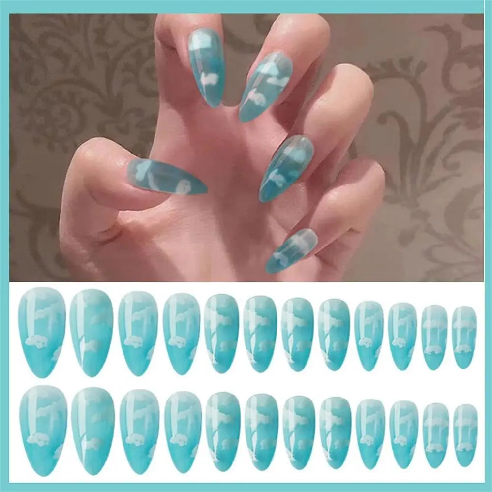 24Pcs/Set Blue Sky White Cloud Fake Nails Glue DIY Manicure Pattern Design False Nail French Stiletto Full Cover Nail Art Tools