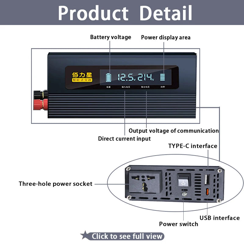 12V 24V To 220V 1000W Power Inverter LCD Display EU Socket Solar Inverter USB Type-c Fast Charging for Phone Laptops Car