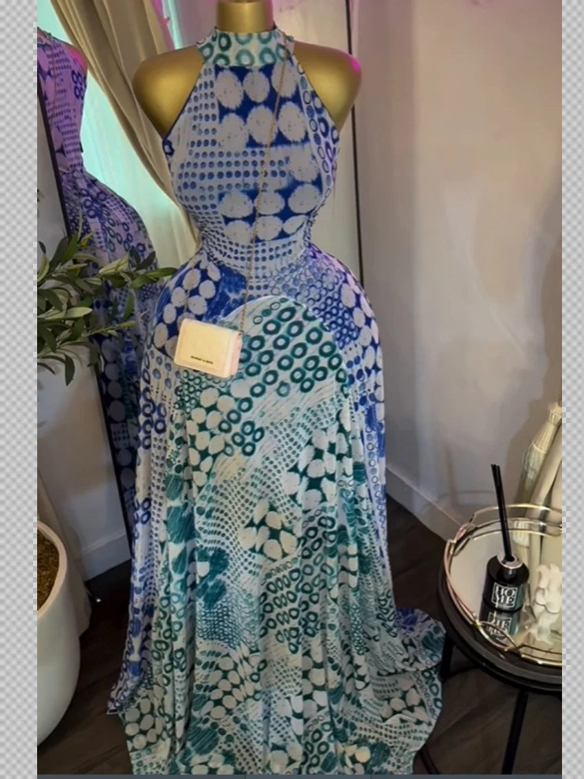 GLCMYAYA 2025 Fall Women O-neck Sleeveless Print Mermaid Maxi Dress Evening Birthday Beach Sexy Night Party Long Dresses
