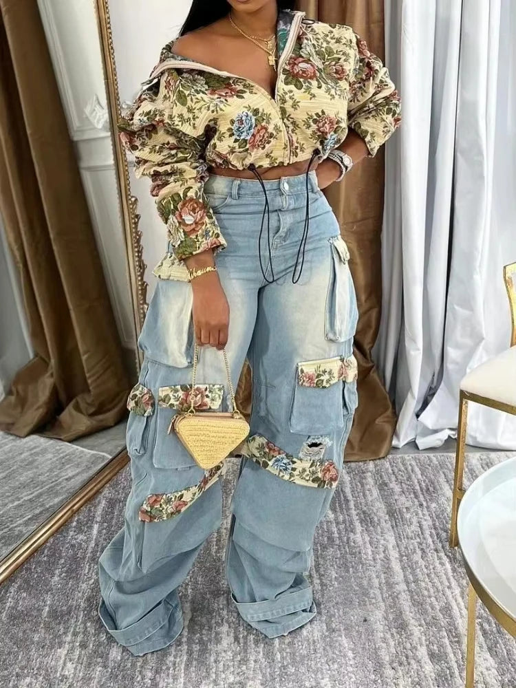 Washed Jeans Women's Set Full Sleeve Floral Jacket and Pockets Cargo Jeans Pants Suit 2025 Street Two 2 Piece Set Outfit