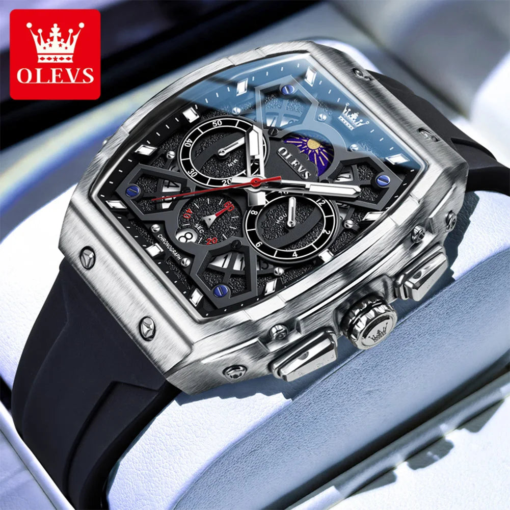 OLEVS 2942 Men Watch Automatic Calendar Waterproof Luminous Moonphase Watch Top Brand Tonneau Large Dial Hollow Men Quartz Watch