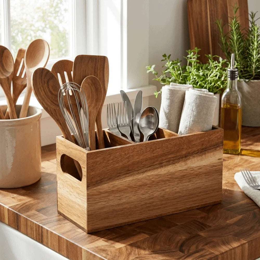 Kitchen Tools Wooden Utensil Organizer 3 Compartment Space Saving Storage Rack Durable Rustic Cutlery Holder Kitchen
