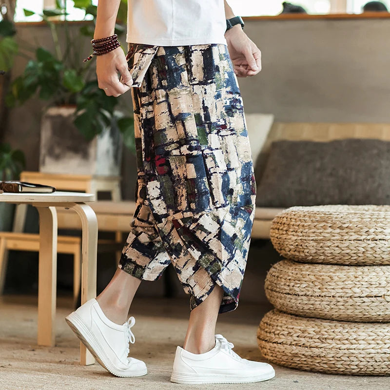 Men's Casual Cotton Linen Seven-Foot Pants Summer plus Size Lantern Loose Fit Shorts Harlan Style Comfortable Breathable Leis...