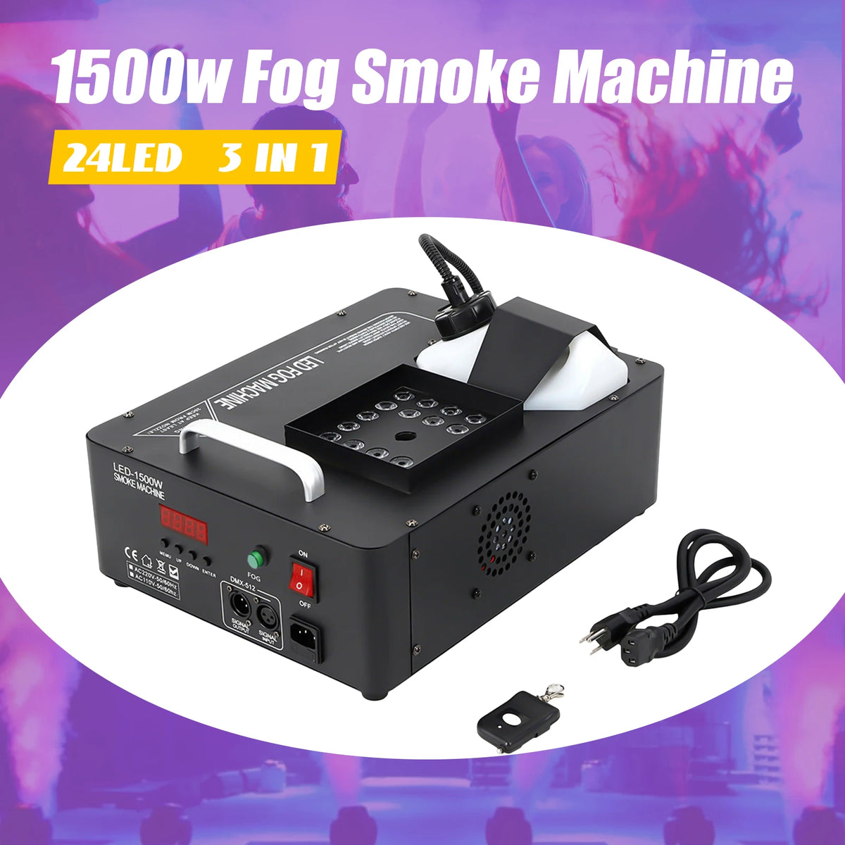 24led 1500w Column Smoke Generator 3-in-1 with Built-In Power Adapter 16.54*12.6*9.45 in Fog Smoke Machine with Remote Control Seven Light Colors 0.53 Gal Oil Tank for Wedding Haunted Houses Halloween Parties Christmas Clubs