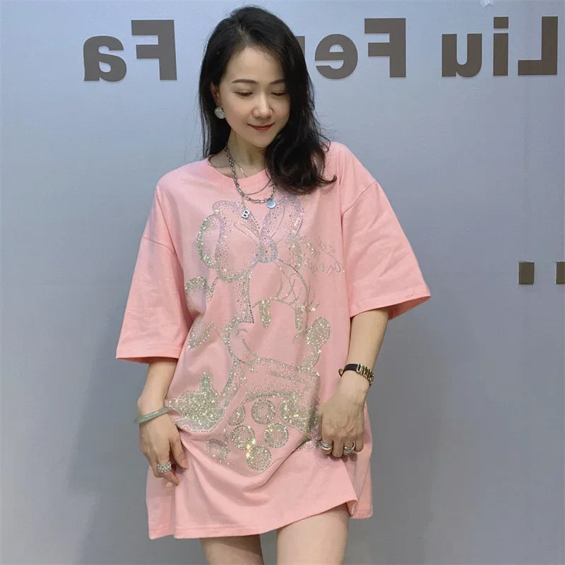 Loose Oversized T Shirt Women Rhinestones Cartoon Pattern Short Sleeve O Neck Pullovers Tops Tee Female Женская Одежда Plus Size