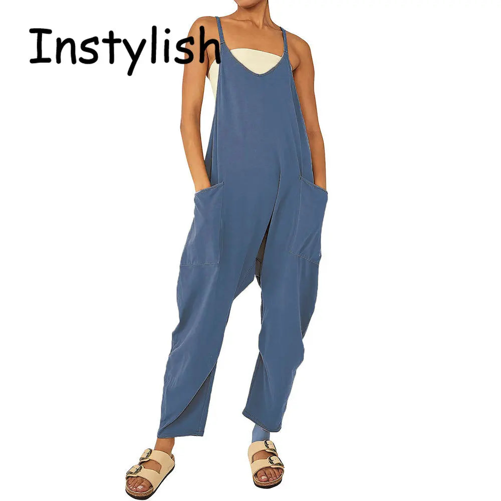 Women Casual Spaghetti Strap Sleeveless Jumpsuit Vintage Harajuku Wide Leg Loose Pants Summer Solid Oversize Overalls Rompers