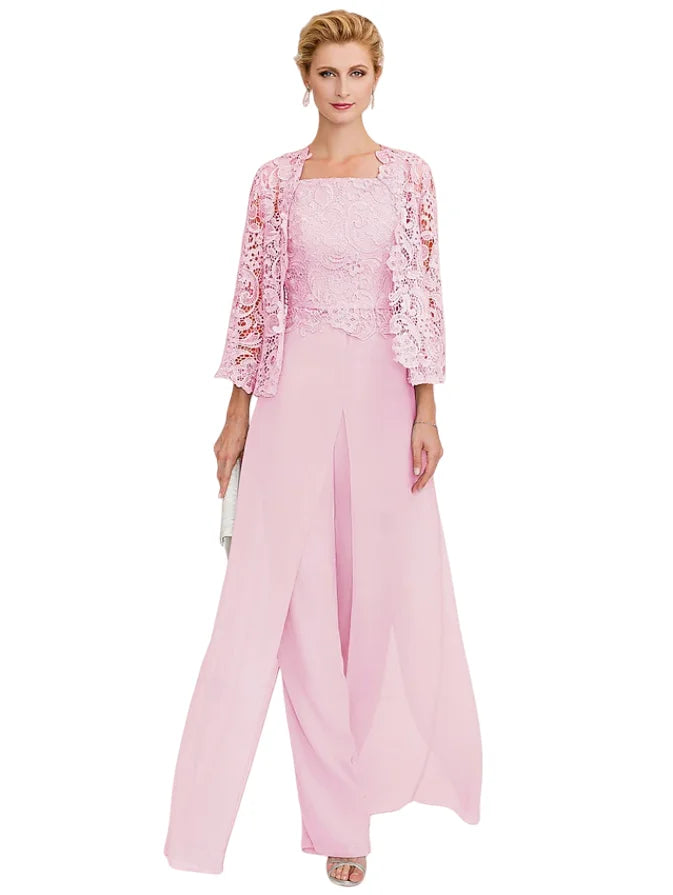 Jumpsuit Pantsuit 3 Piece Floor Length Sleeveless Square Neck Elegant Formal Wedding Guest Chiffon Mother of the Bride Dress
