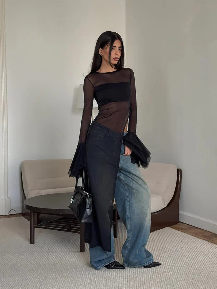 Weird Puss Sexy Irregular Hem T-Shirt Women Patchwork O-Neck Flared Sleeves Summer Midnight Sexy Hottie Fashion Split Long Tops