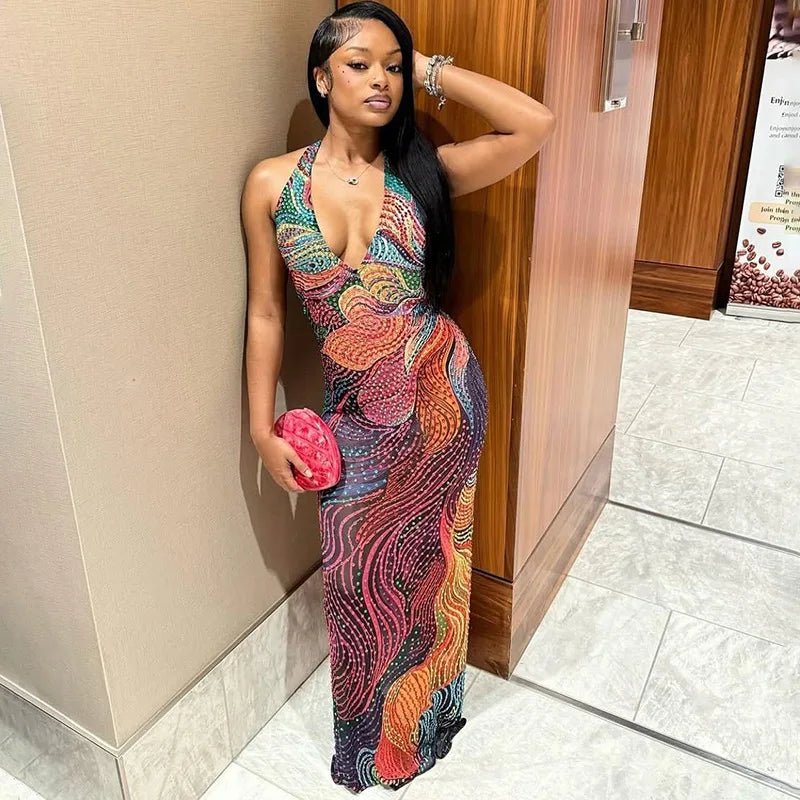 Colorful Print Bodycon Maxi Party Dress Women Fashion Sexy Deep V Neck Sleeveless Halter Backless Slim Party Long Robe Vestidos
