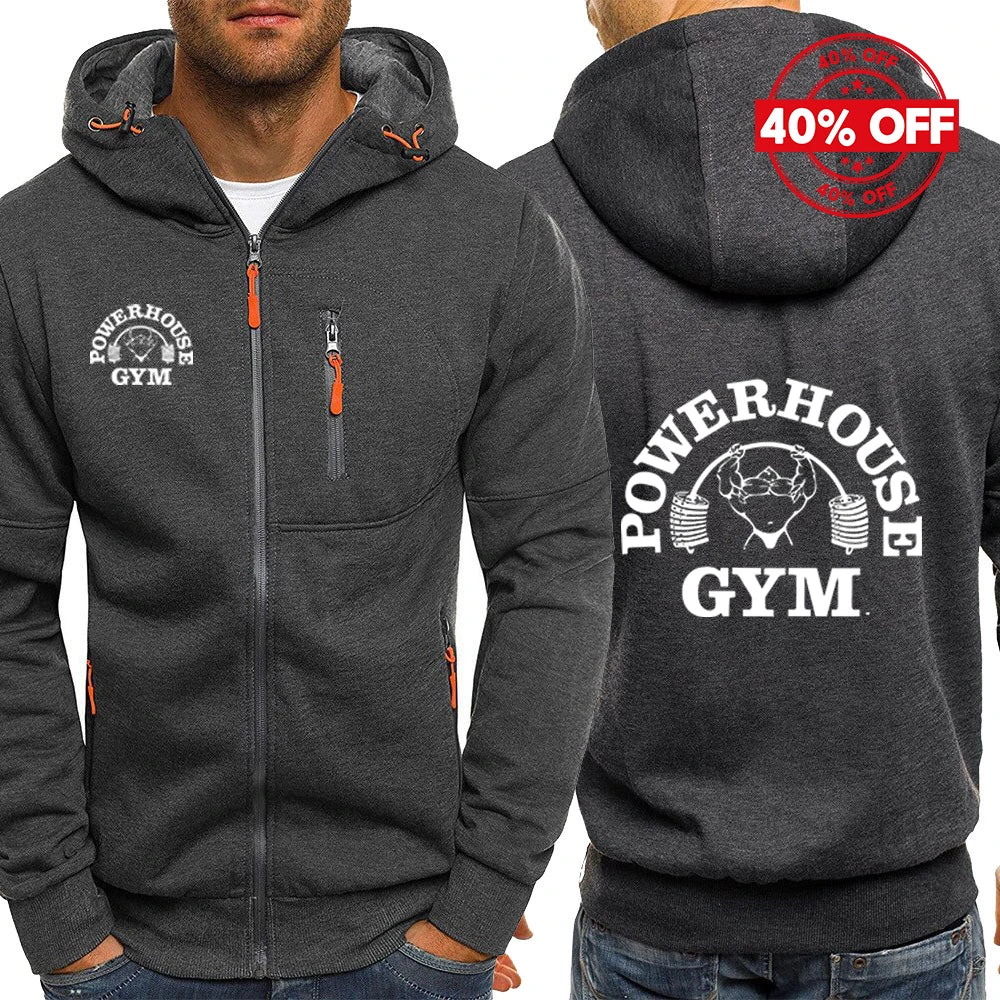2025 Hoodies Hooded Spring Autumn Man's Jacket Long Sleeve Zipper Design Powerhouse Gym Logo Logo Print Slim Fit Casual Coat