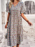 Msfilia Fashion V Neck Elegant Printed Dress Women Summer Short Sleeve High Waist A Line Floral Holiday Dresses