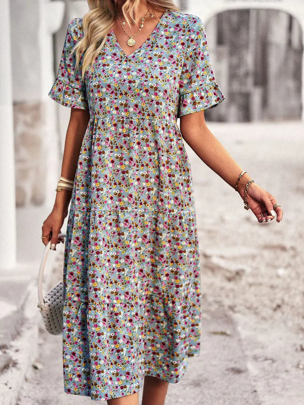 Msfilia Fashion V Neck Elegant Printed Dress Women Summer Short Sleeve High Waist A Line Floral Holiday Dresses