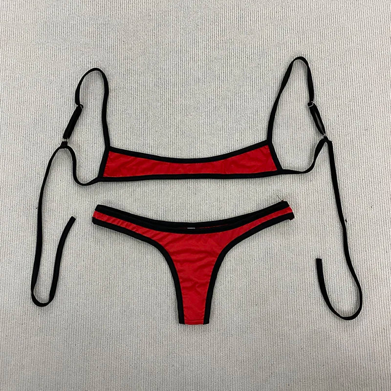 Retro Shoulder Strap Adjustable Backless Simple Summer Split Bikini Y2K Aesthetic Sexy Spice Girl Beach Contrast Color Swimsuit