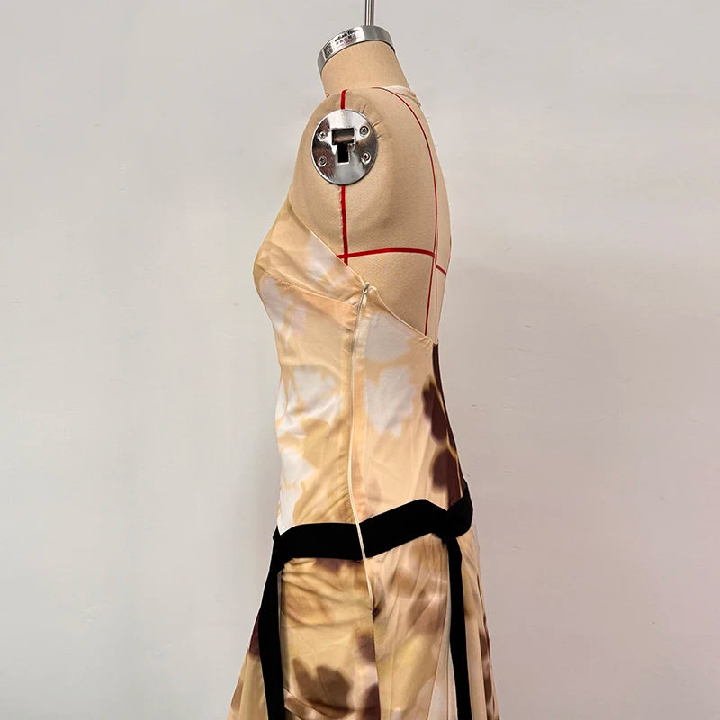Yellow Brown Tie-Dye Midi Dress Print Halter Neck Open Back Asymmetric Hem Chiffon Dresses 2026 Party Women Fashion Chic Outfit