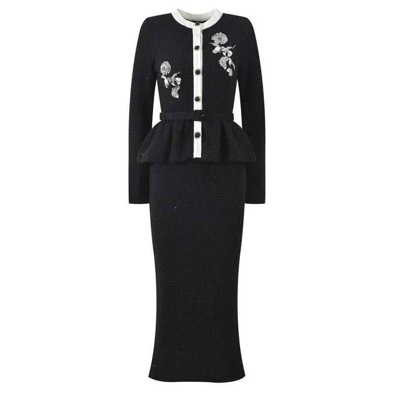 CHUJIE 2025 Autumn/winter New Fake Two-piece Design, Long-sleeved Round-neck, Floral Embroidery, Ruffle Decoration Knitted Dress