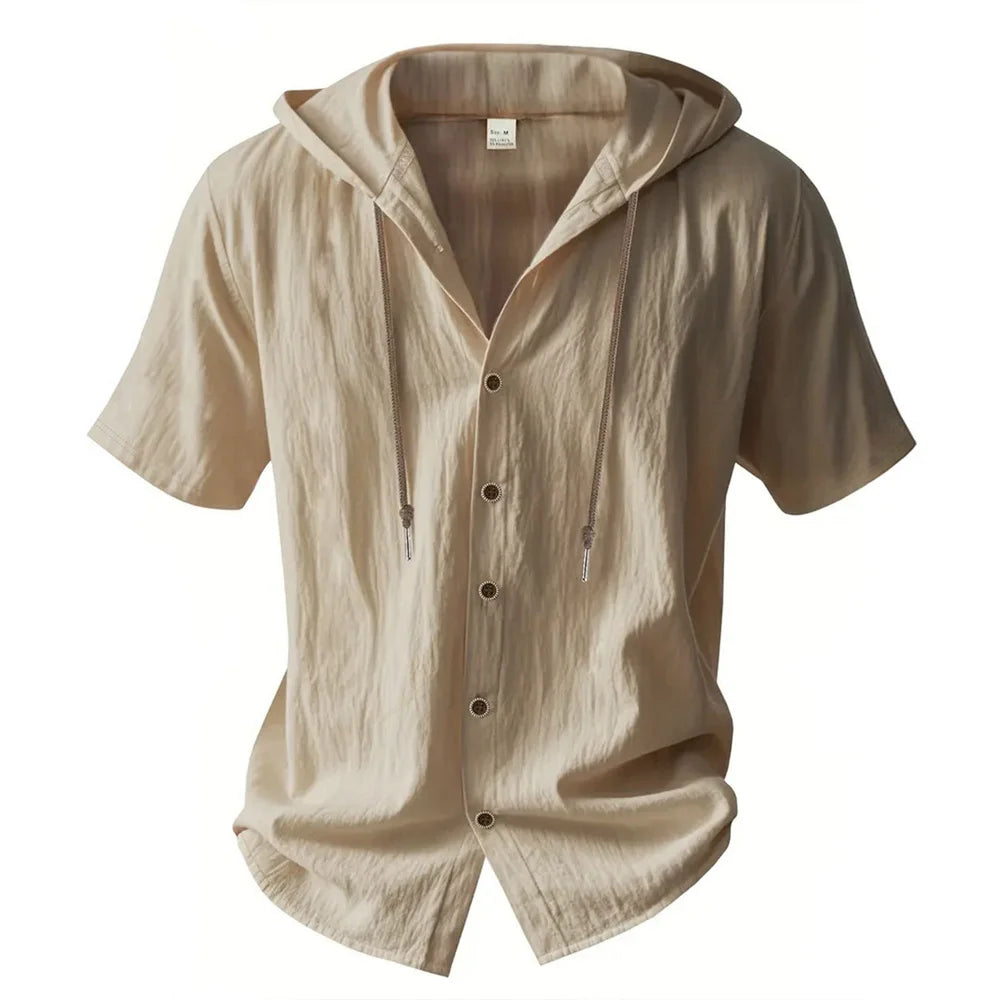 Cotton Linen Shirt for Men Hooded Short Sleeve Solid Color Breathable Lightweight Drawstring Design Shirts Casual Basic Tees