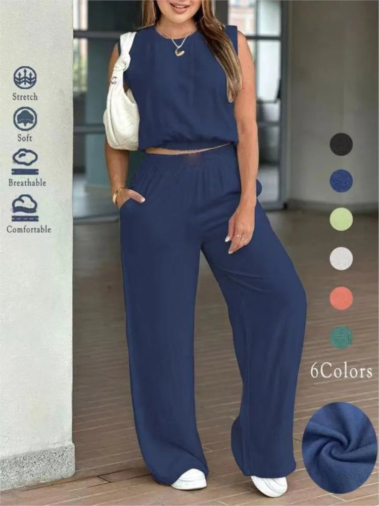 Fashion Ultra-short Sleeveless Top Trousers 2-piece Set Summer New Casual Pocket Loose Wide-leg Trousers Female Office Set 2025