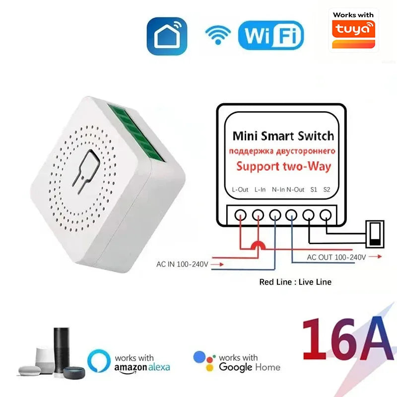 16A WiFi Smart Switch DIY Work with Tuya  Smart Life APP Smart Home Alexa Yandex Alice Mini Interruptor Two Way Voice Control