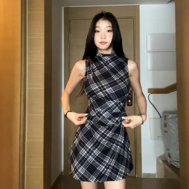 Summer New French Women Dress Fashion Street Tight Hip Woman Dress Black Plaid Ladies Sleeveless Dresses Female Chicly