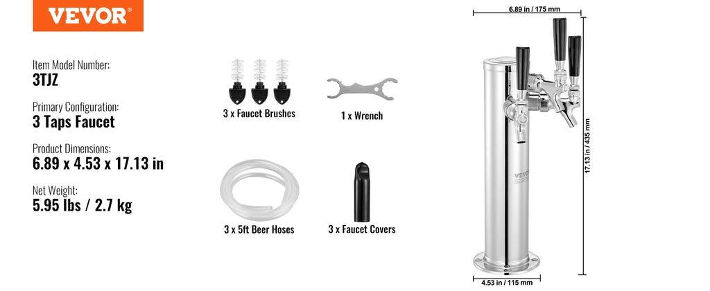 SucceBuy Triple Taps Draft Beer Tower Dispenser Stainless Steel Keg Beer Tower Kegerator Tower Kit Pre-Assembled Tubing for Bar