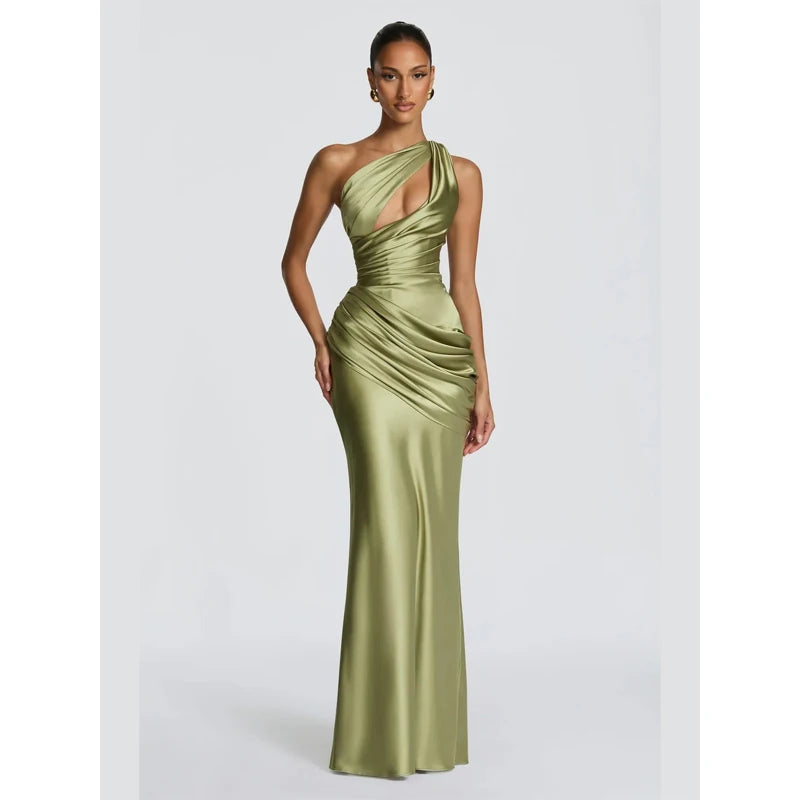 Solid Satin Cowl Neck Women's Dress Elegant Sleeveless Ruched Waist Fishtail Bodycon Lady Vestido 2026 Summer Party Dresses