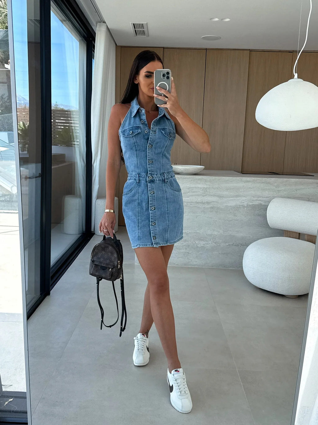 Women's Denim Vest Dress, Halterneck Low-cut Collar Single-breasted Button-down Dress, Casual Chic Fashion Mini Skirt