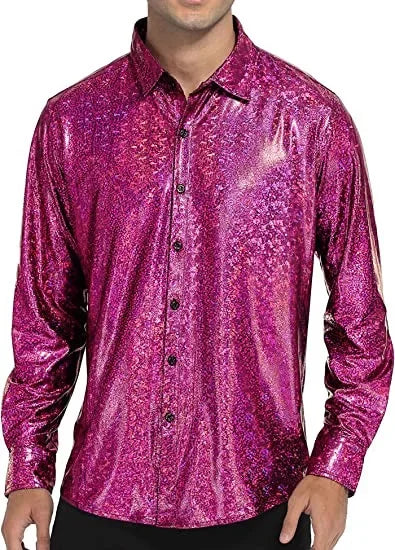 Metallic Shiny Polyester Dress Shirts for Men Black Solid Gold Red Silver Long Sleeve Turn Down Collar Prom Disco Men's Shirt