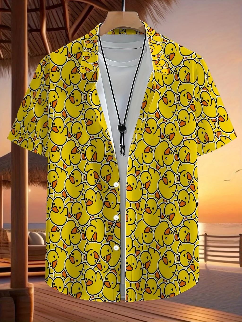 Men's Summer Cute Yellow Rubber Duck Print Hawaiian Shirt Lapel Short Sleeve Button Down Casual Vacation Beach Party Funny Top