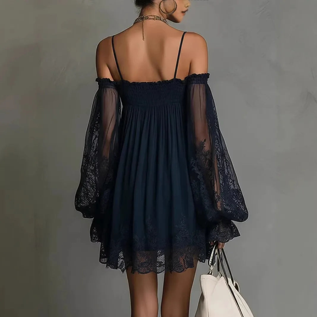 Off Shoulder Women Mini Dress Elegant Suspender Dress Summer Fashion Lace Sheer Long Falre Sleeve Party Evening Chic Dresses