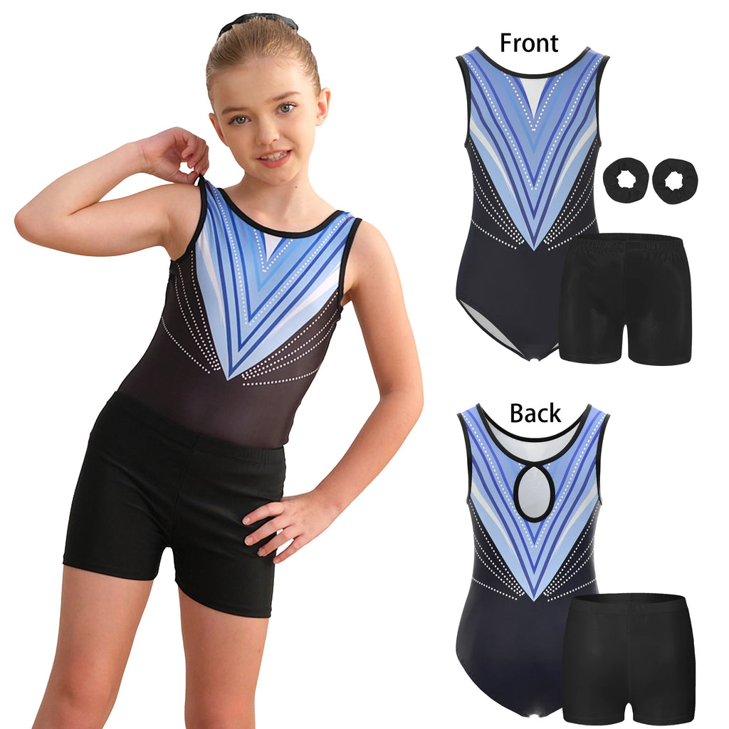 4 Piece Gymnastics Leotards for Girls Sleeveless Athletic Biketard Kids Water-drop Back Unitard Tumbling  Activewear Outfits
