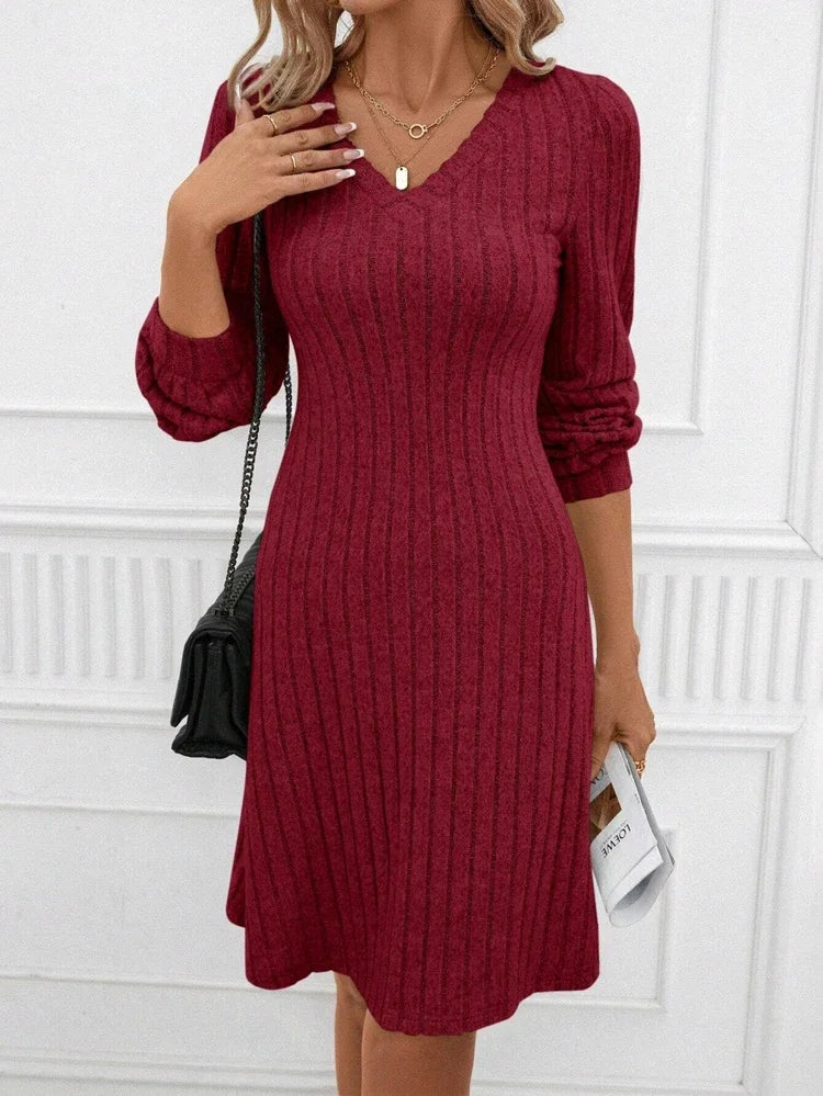 Solid Color Long Sleeve Knitted Ribbed Women Mini Dress Winter Warm V-neck Pit Stripe Dresses Casual Party Vacation New Clothes