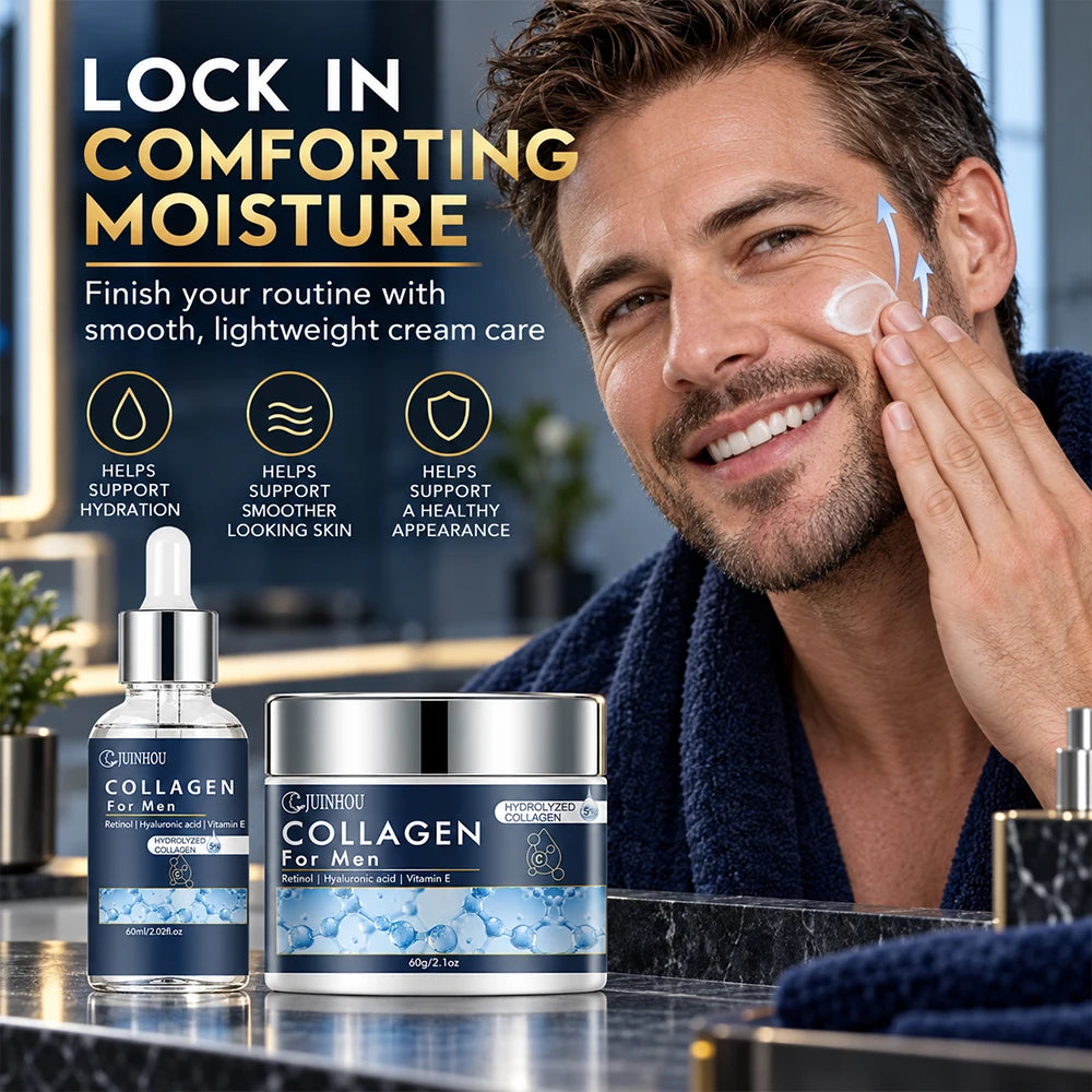 JUINHOU Men Facial Hydration Cream Serum Set Collagen Moisturizing Anti Aging Oil Control Firming Refreshing Non-Greasy Skincare