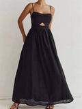 FSMG Fashion Black Breathable Sleeveless Backless Halter Dress Summer Sexy Spaghetti Strap Hollow Out Pockets Side Long Skirt