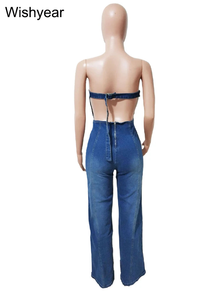 Sexy Off Shoulder Backless Denim Women's Jumpsuits High Waist Hollow Out Wide Leg Pants Jeans Bodysuit Summer Female Outwears